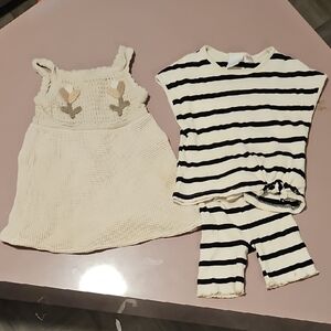 Zara Cream Crochet Dress & Cream/Black Striped Top and Shorts Set